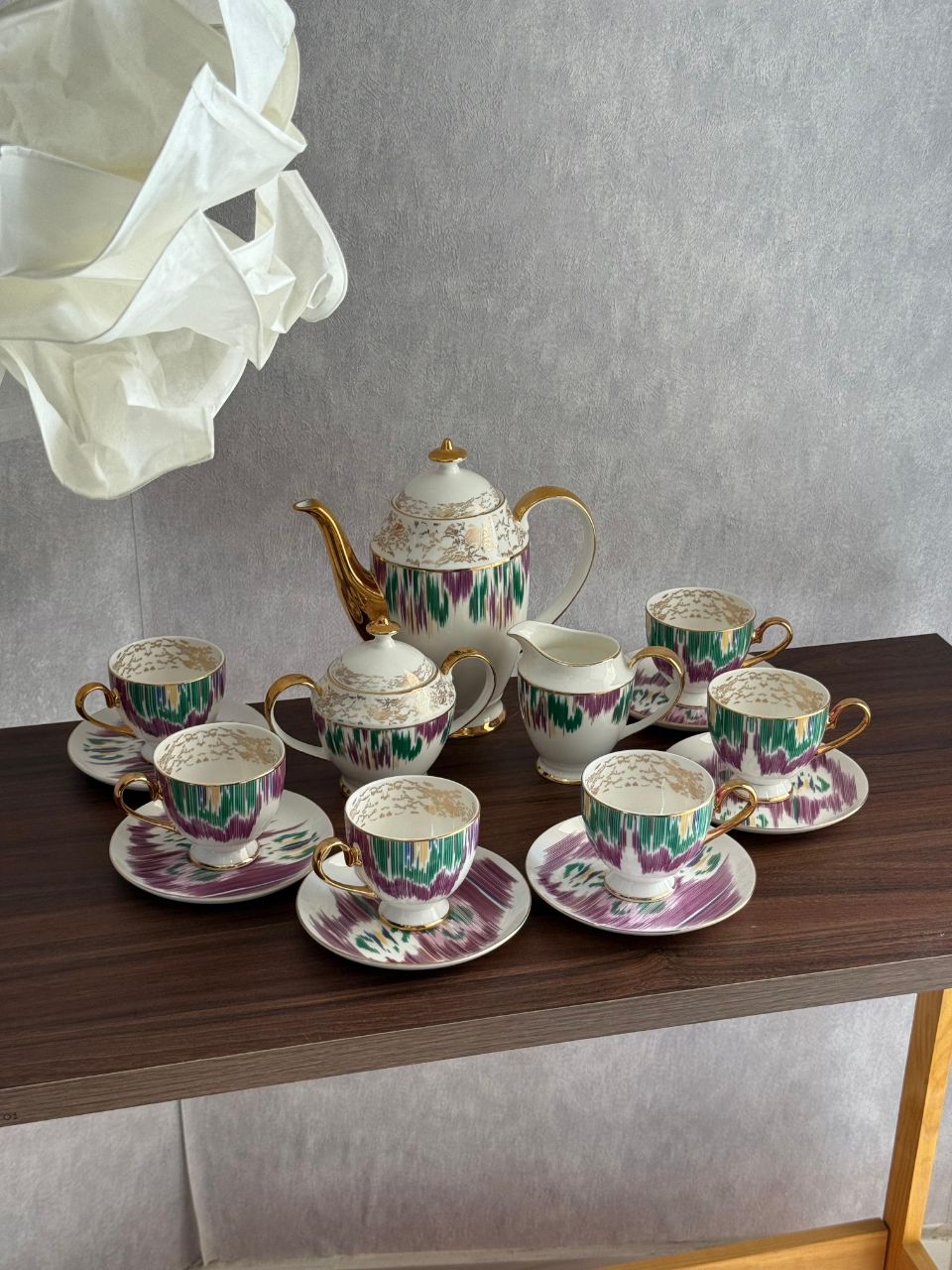 Hermès Luxury Fine Porcelain Tea Set with Green & Purple Ikat Pattern