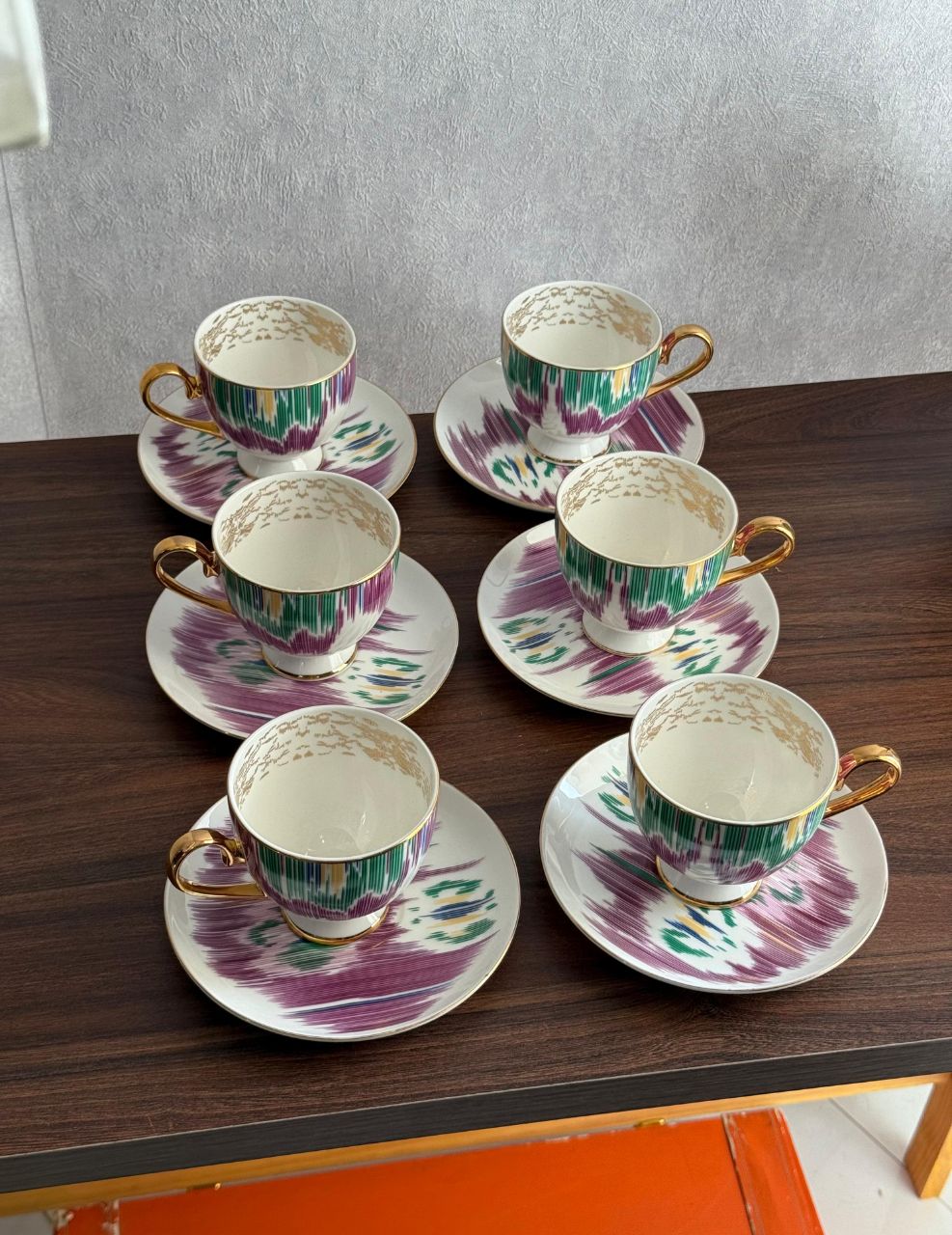 Hermès Luxury Fine Porcelain Tea Set with Green & Purple Ikat Pattern
