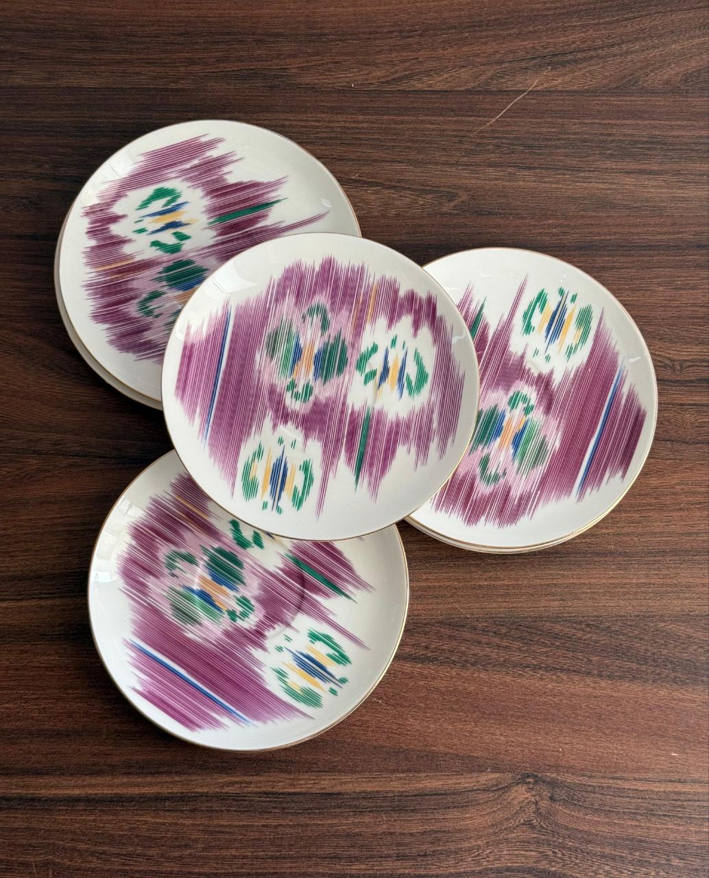 Hermès Luxury Fine Porcelain Tea Set with Green & Purple Ikat Pattern