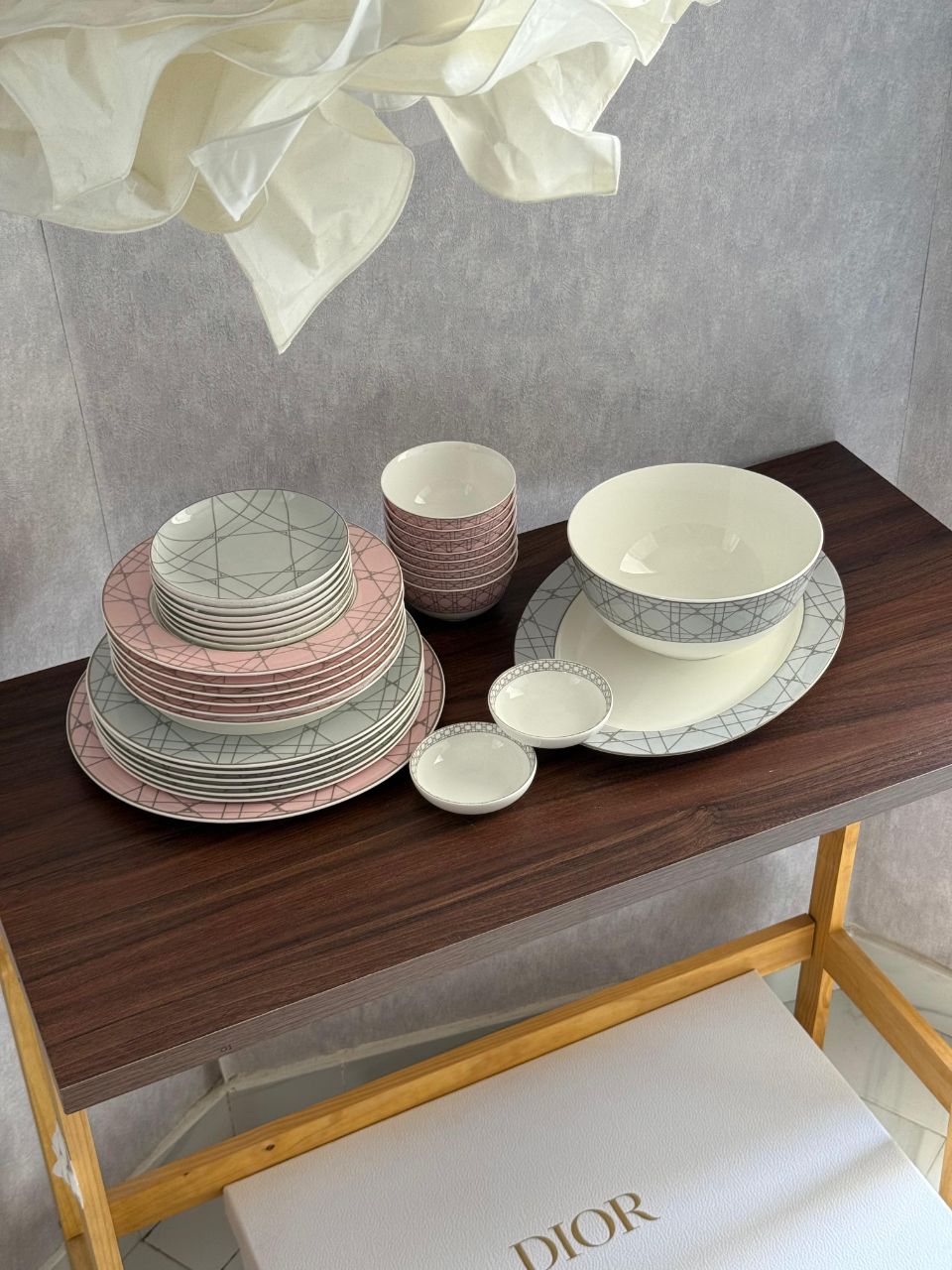 Dior Luxury Fine Porcelain Dinner Set with Soft Pink & Grey Geometric Design