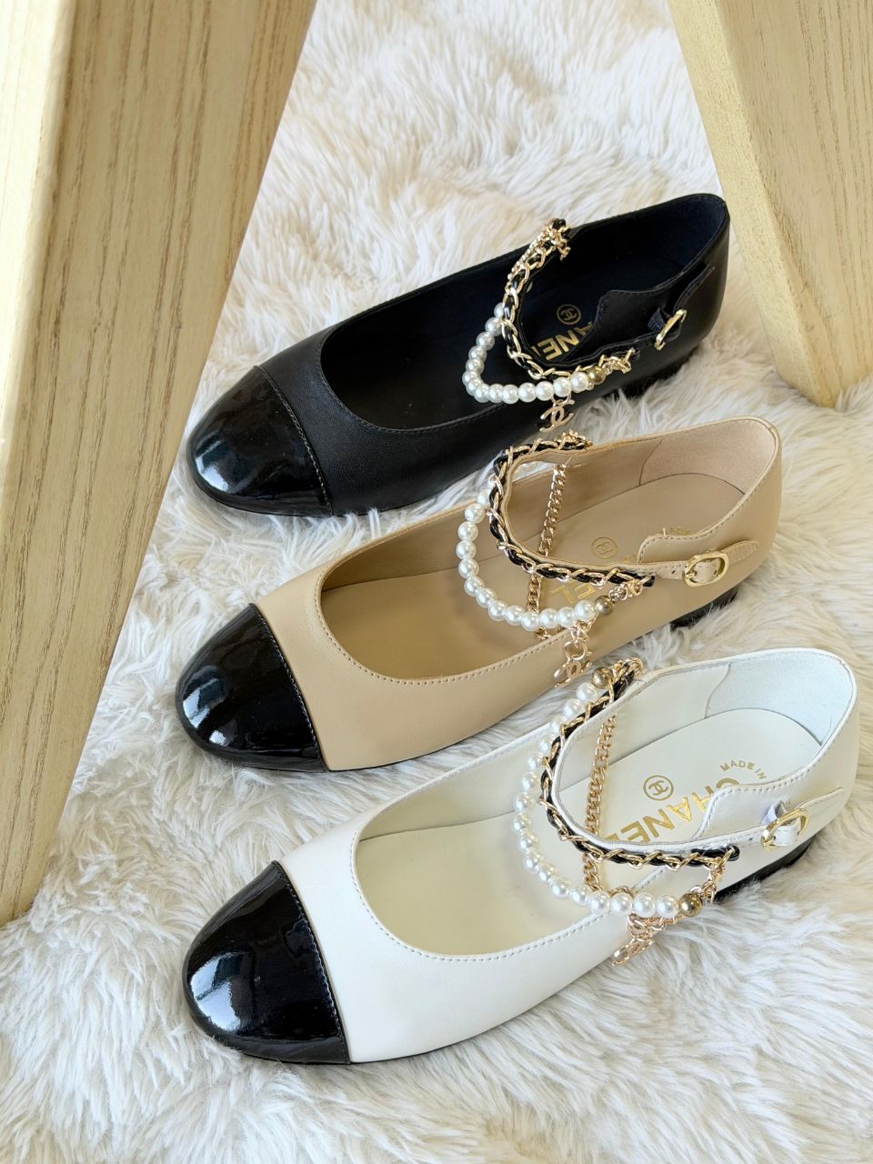 Chanel Cap-Toe Pearl Strap Mary Jane Ballet Flats