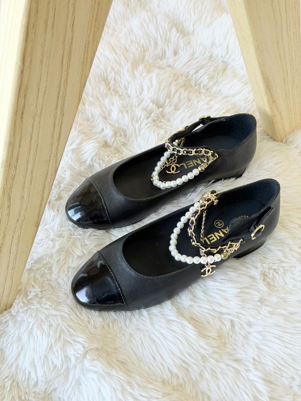 Chanel Cap-Toe Pearl Strap Mary Jane Ballet Flats