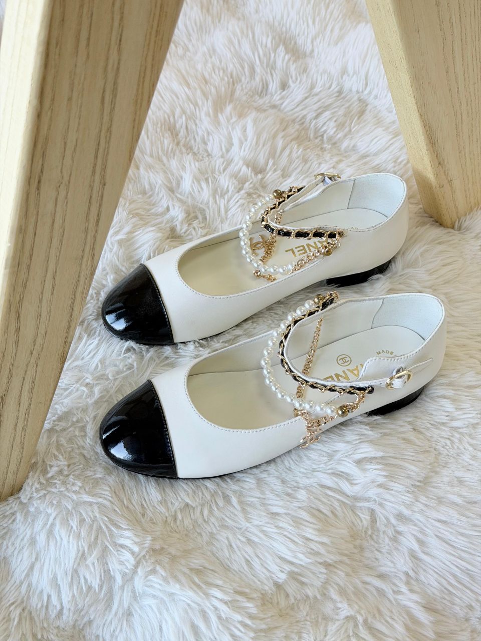 Chanel Cap-Toe Pearl Strap Mary Jane Ballet Flats