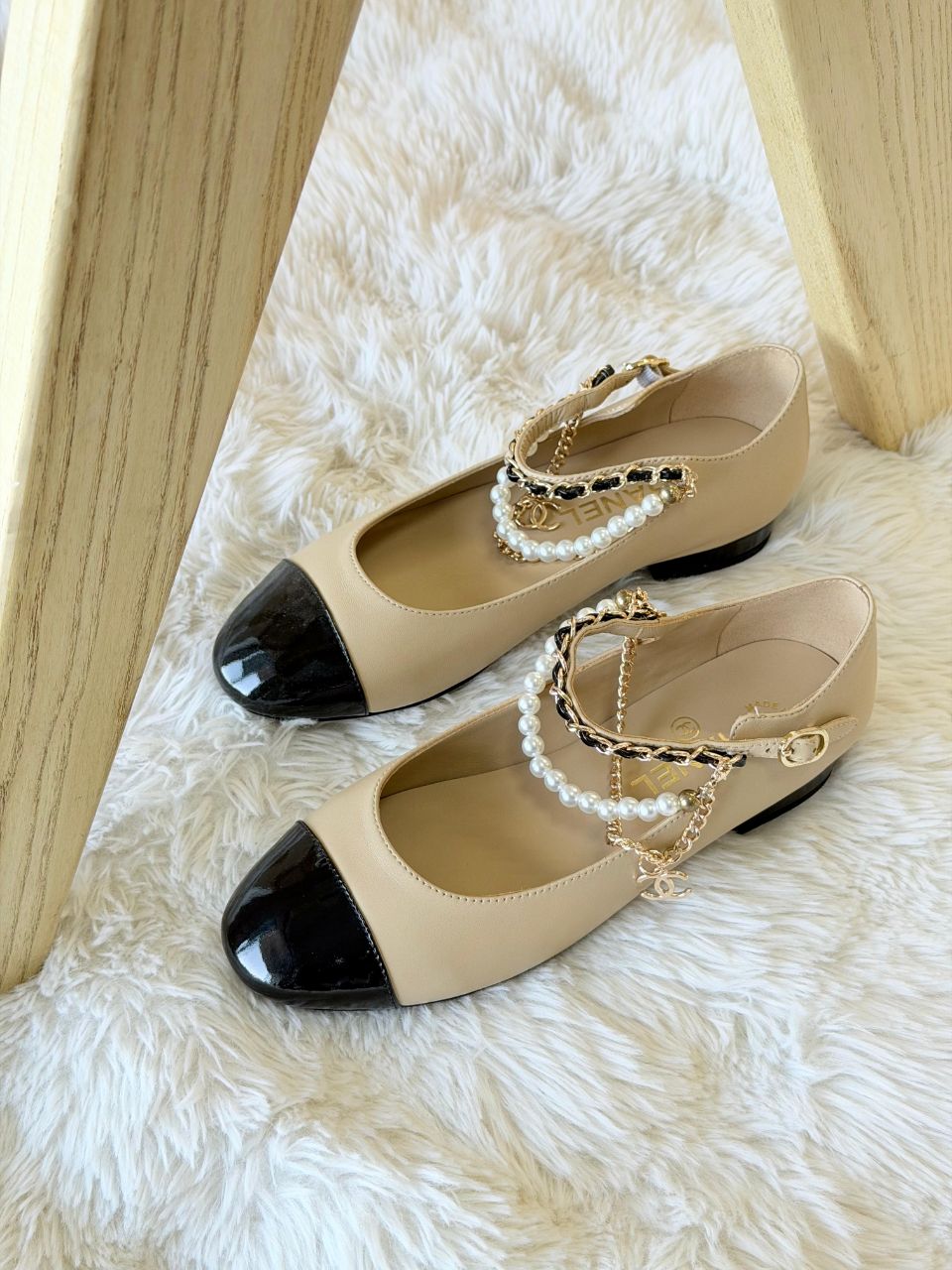 Chanel Cap-Toe Pearl Strap Mary Jane Ballet Flats