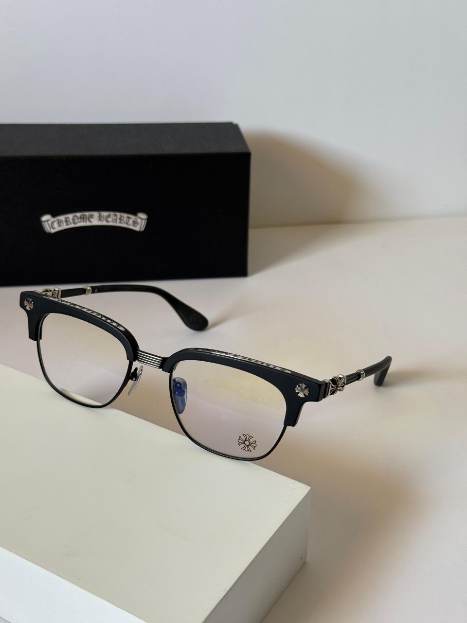 Chrome Hearts Unisex Square Optical Glasses with Metal Bridge Details