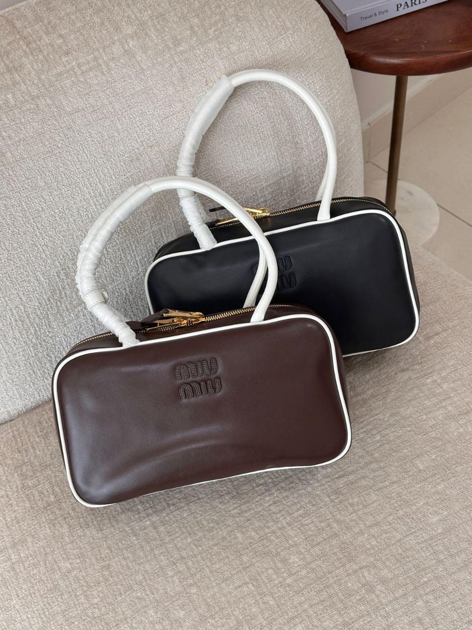 Miu Miu Beau Bag – Leather Top Handle in Black & Brown