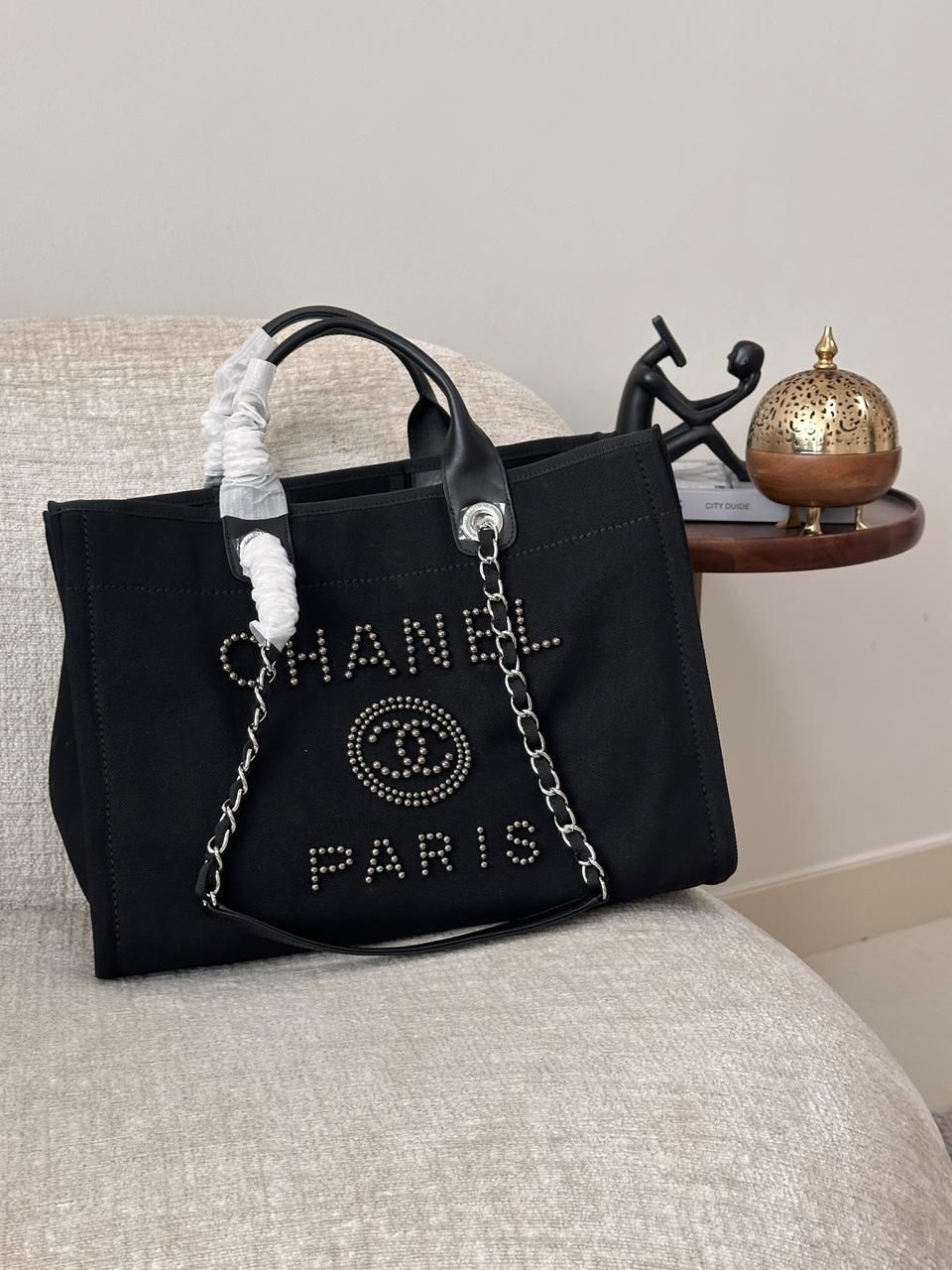 Chanel Deauville Style Leather Tote Bag with Chain Detail