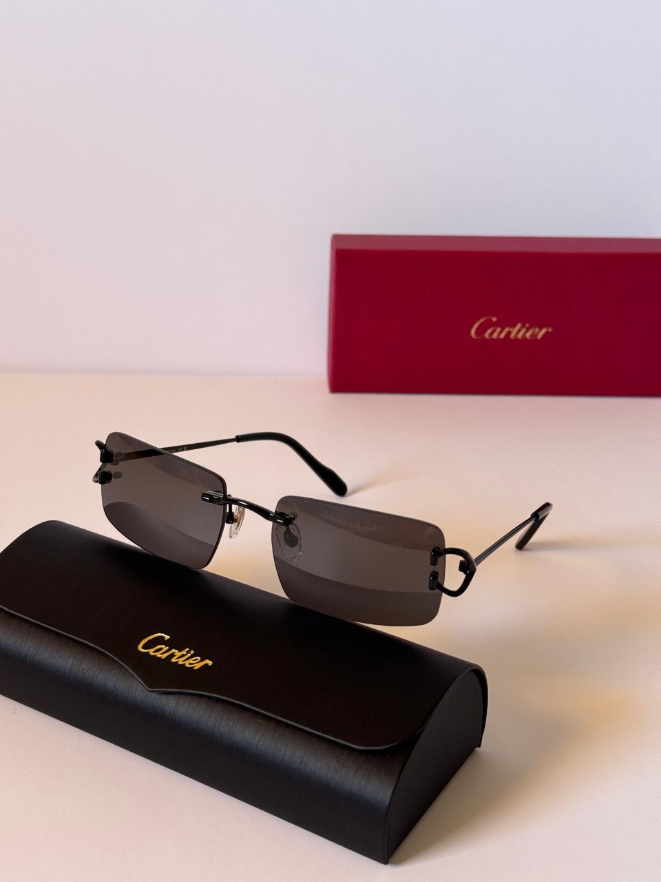 Cartier Rimless Rectangular Sunglasses with Signature Metal Temples
