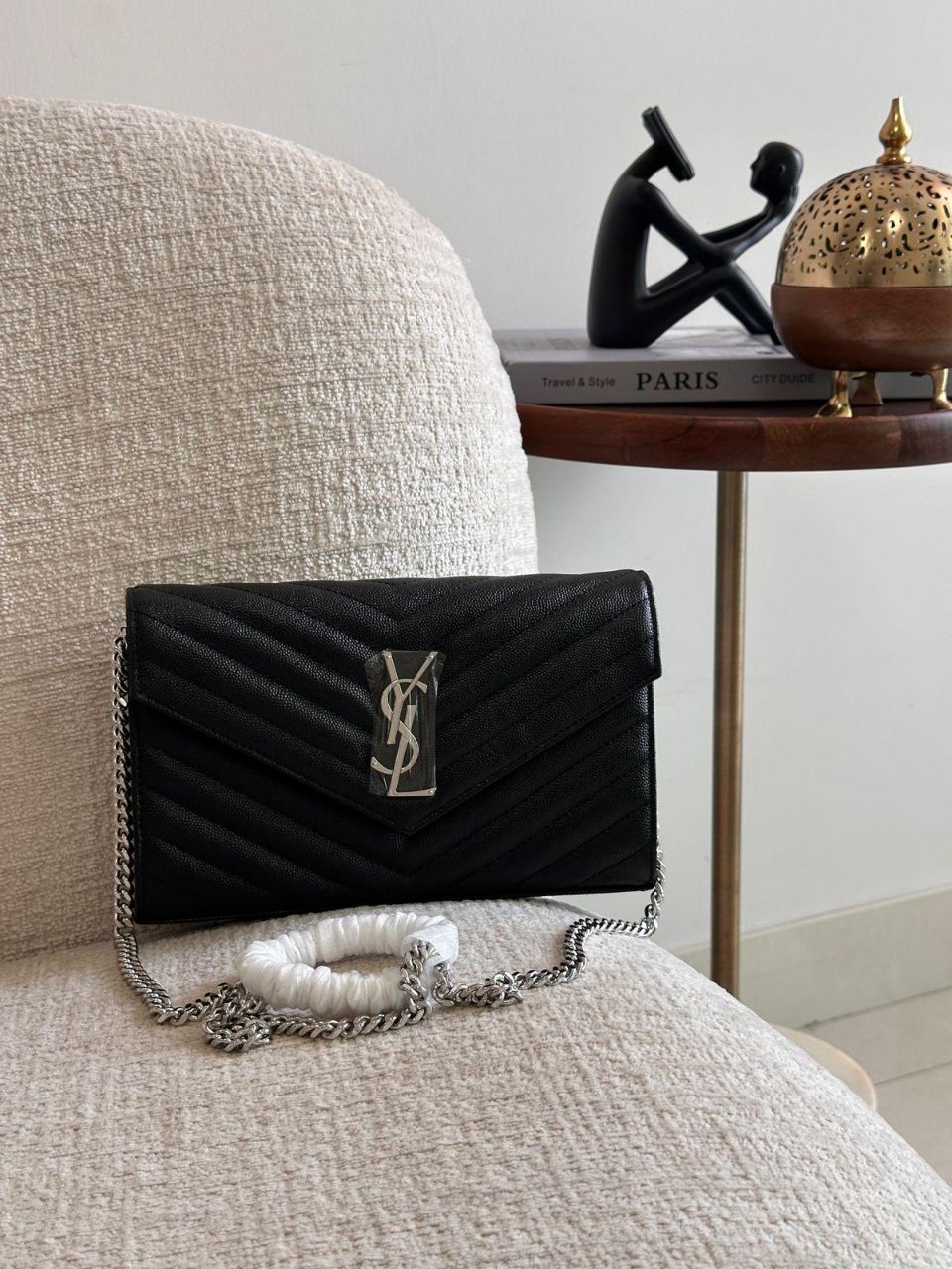 Saint Laurent Monogram Chain Wallet in Chevron Leather