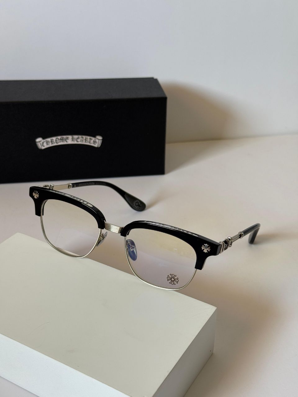 Chrome Hearts Unisex Square Optical Glasses with Metal Bridge Details