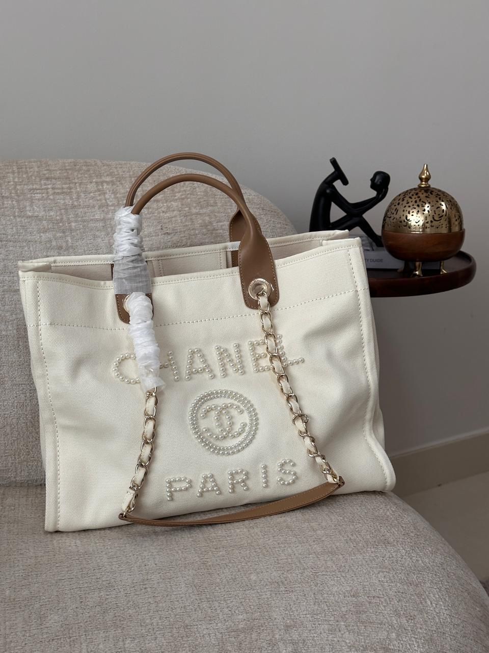 Chanel Deauville Style Leather Tote Bag with Chain Detail