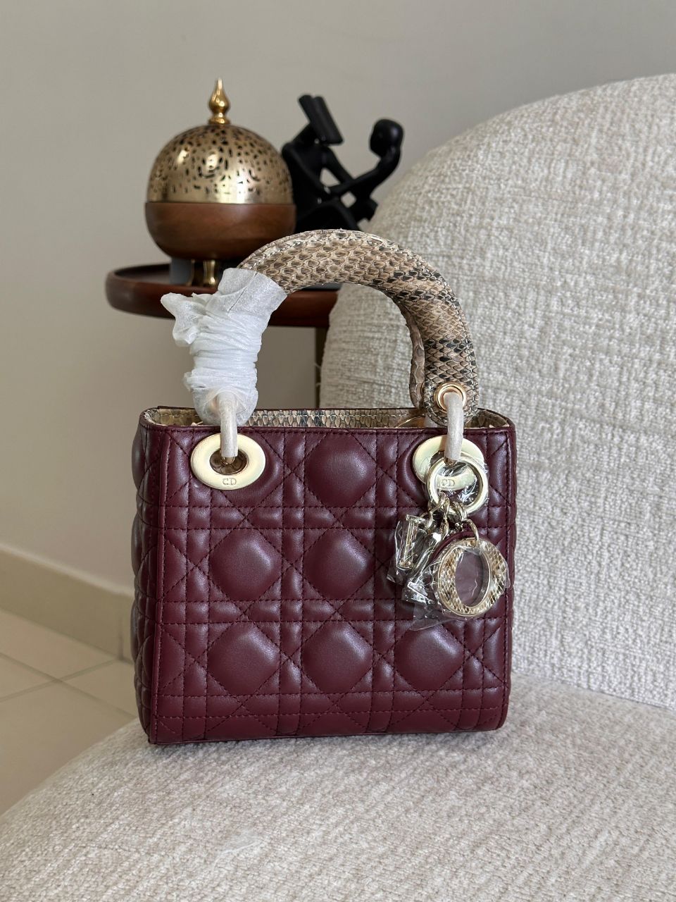Dior Lady Dior Handbag with Python & Snakeskin Handle Detail