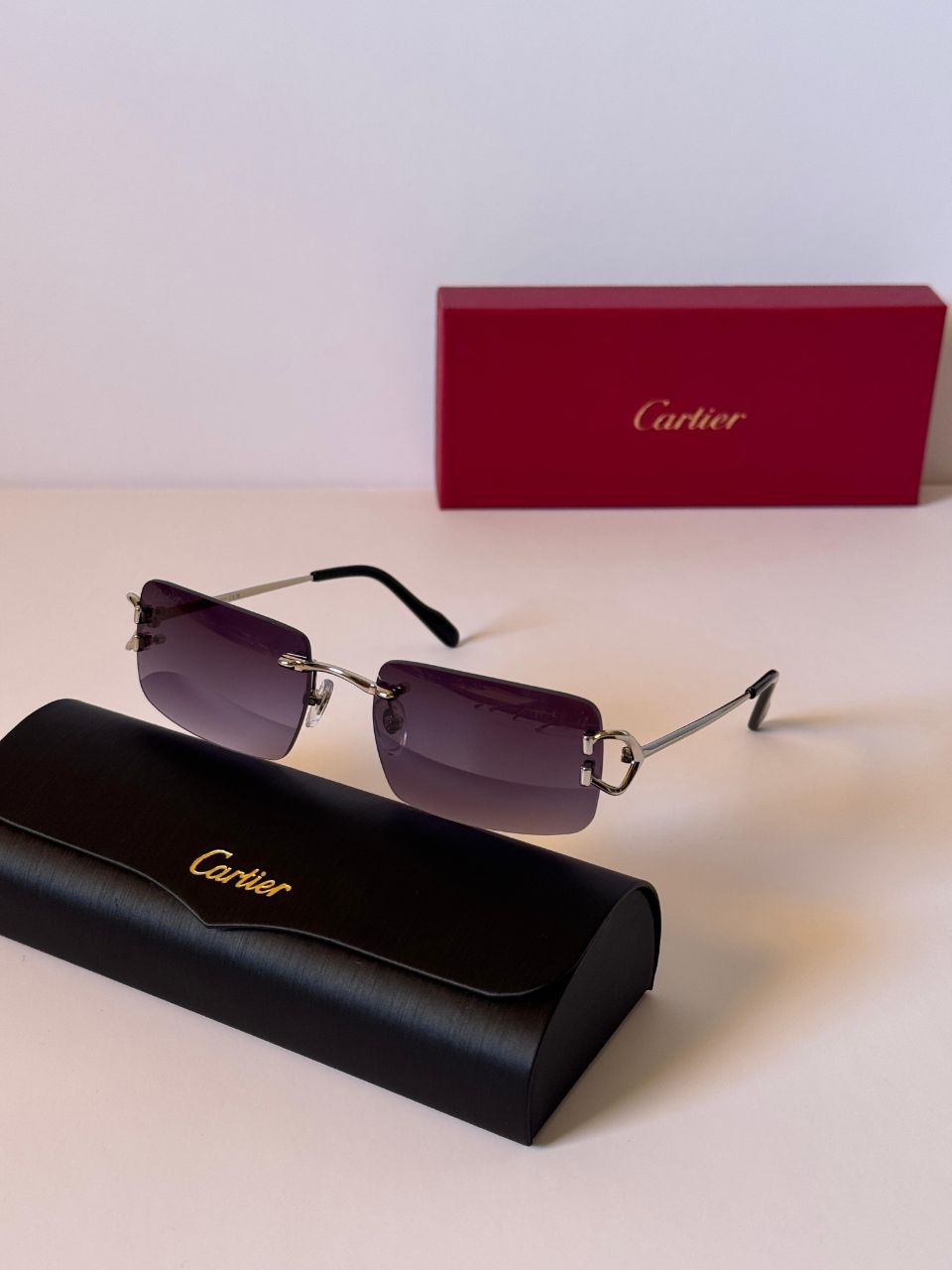 Cartier Rimless Rectangular Sunglasses with Signature Metal Temples