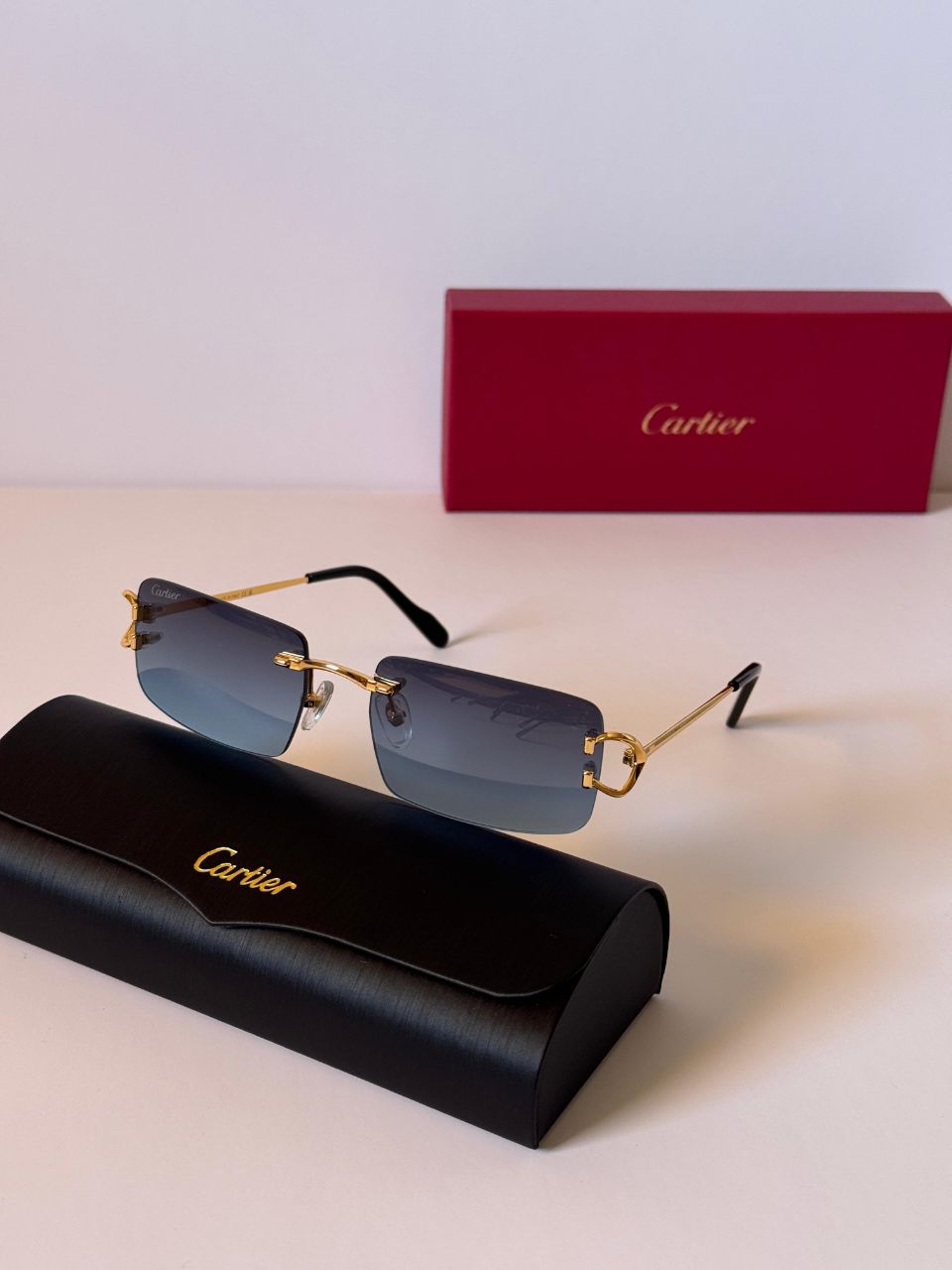 Cartier Rimless Rectangular Sunglasses with Signature Metal Temples