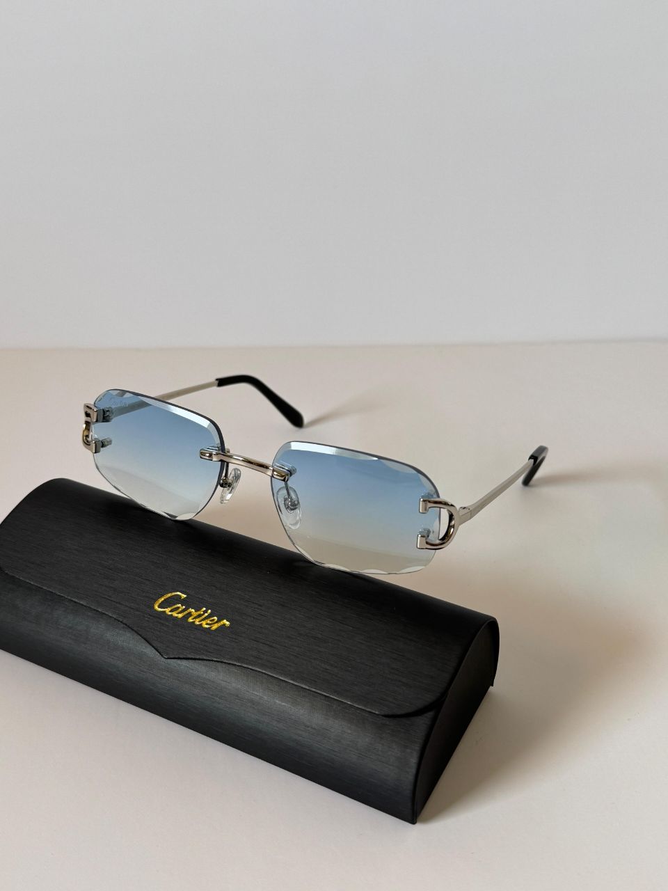 Cartier Rimless Rectangular Sunglasses with Blue Gradient Lenses