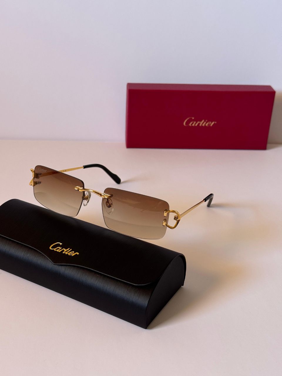 Cartier Rimless Rectangular Sunglasses with Signature Metal Temples