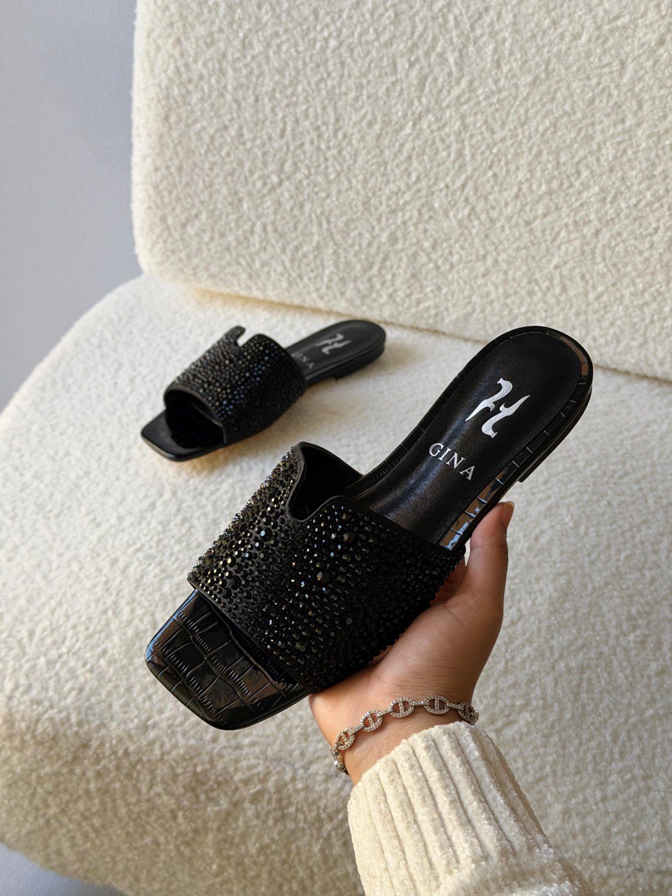 GINA Crystal Embellished Luxury Flat Slide Sandals