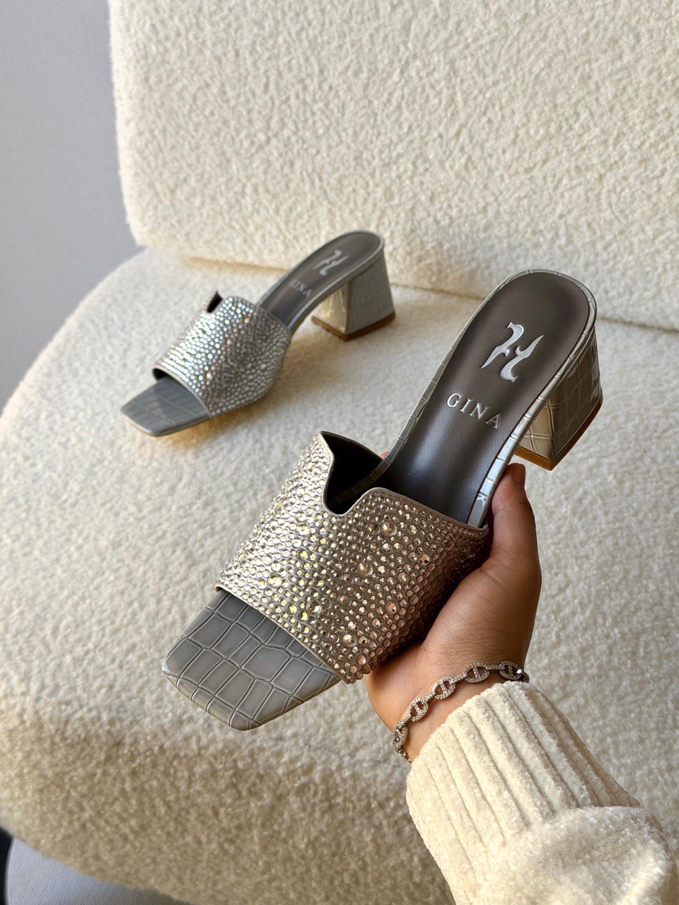 GINA Crystal Embellished Mid Heel Luxury Slide Sandals