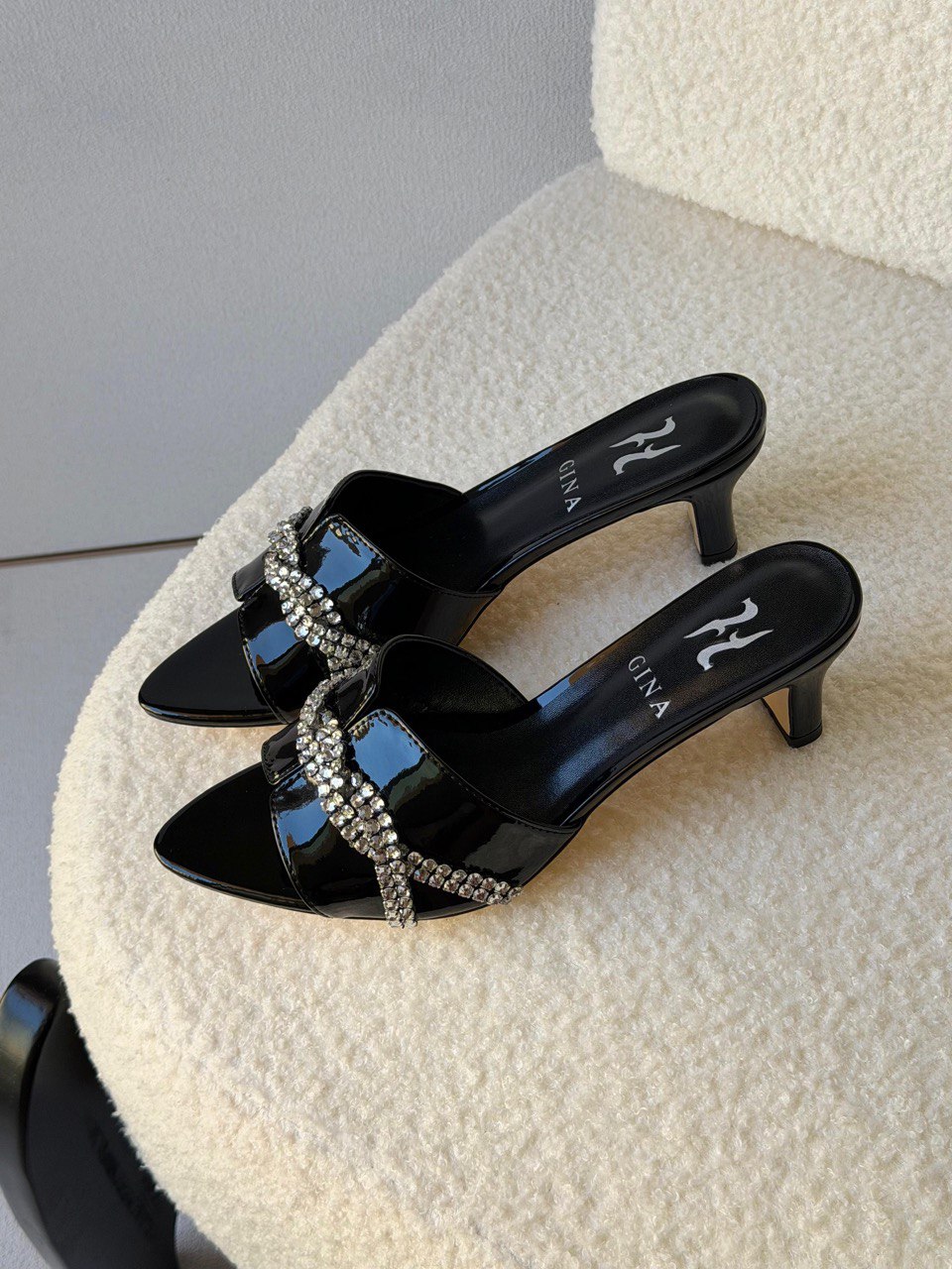 GINA Crystal Embellished Pointed Toe Mid-Heel Mule Sandals