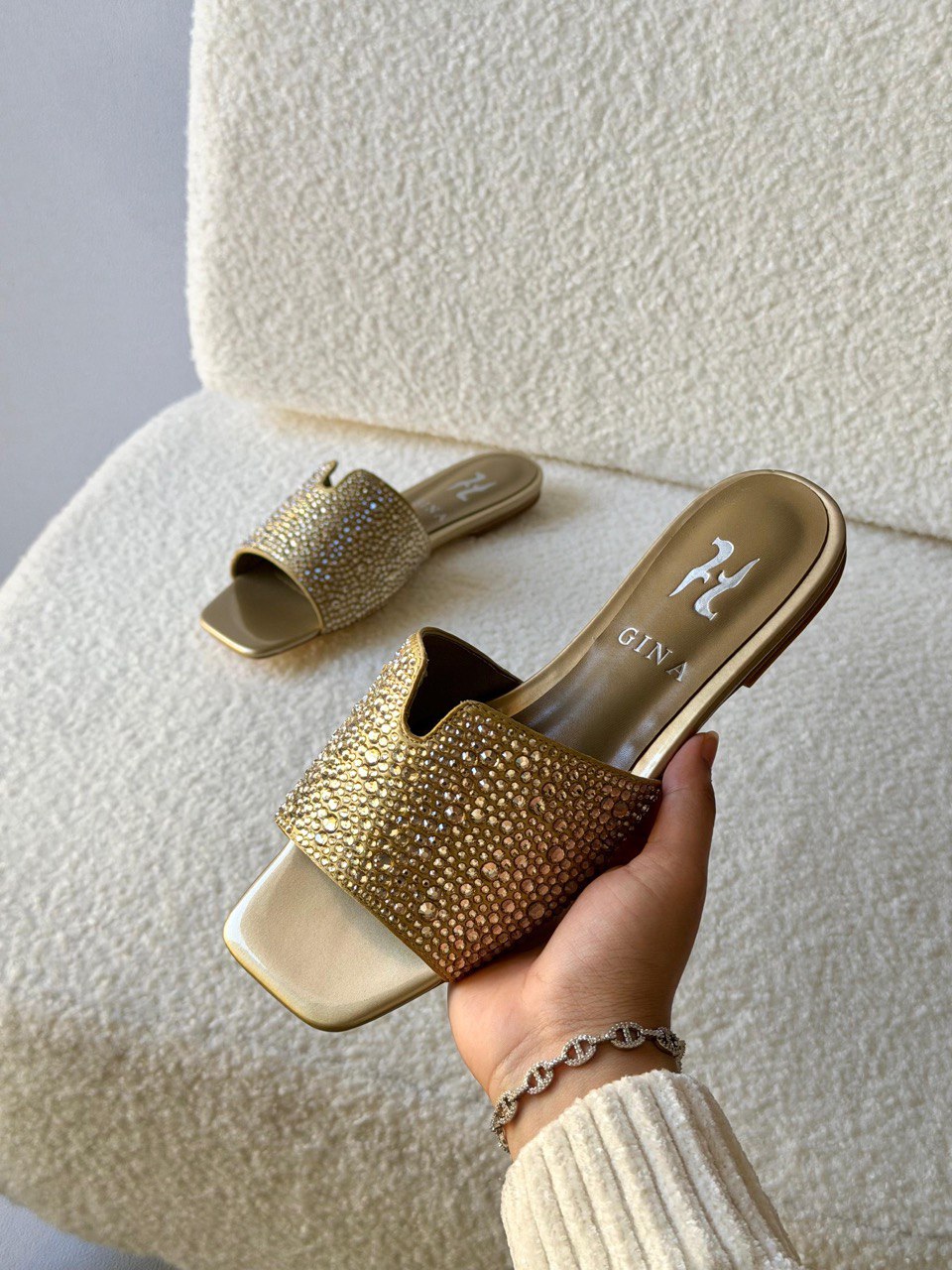 GINA Crystal Embellished Luxury Flat Slide Sandals