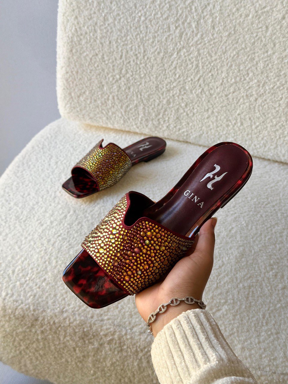 GINA Crystal Embellished Luxury Flat Slide Sandals