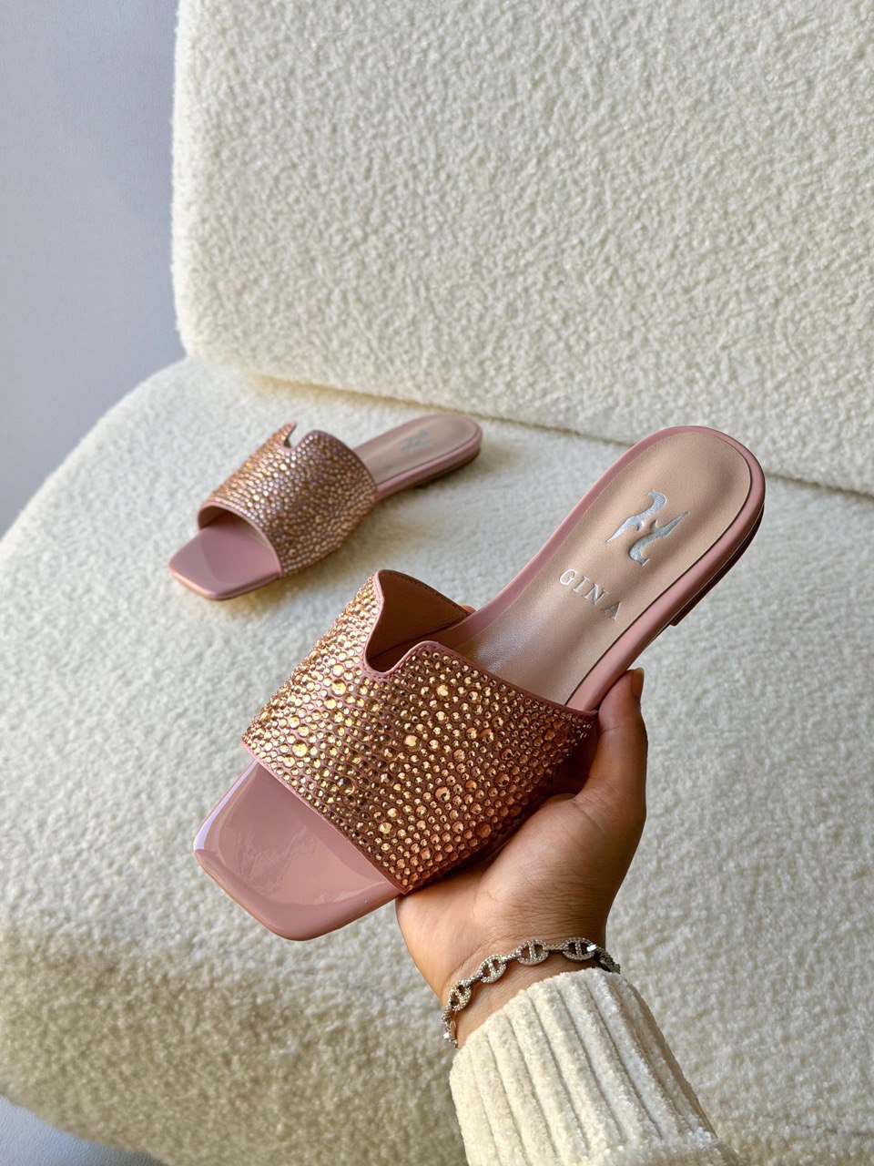 GINA Crystal Embellished Luxury Flat Slide Sandals