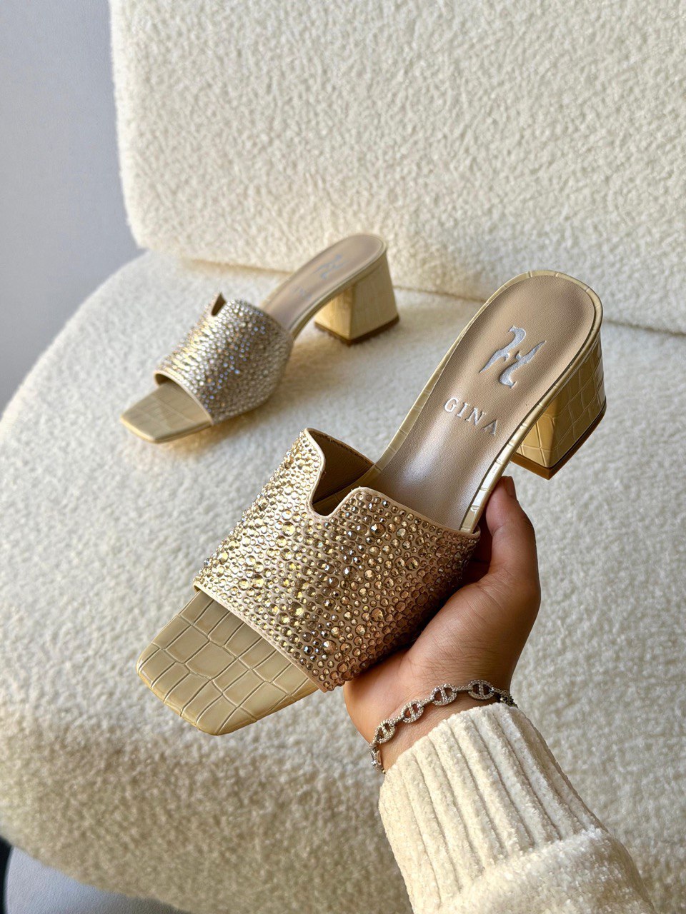 GINA Crystal Embellished Mid Heel Luxury Slide Sandals