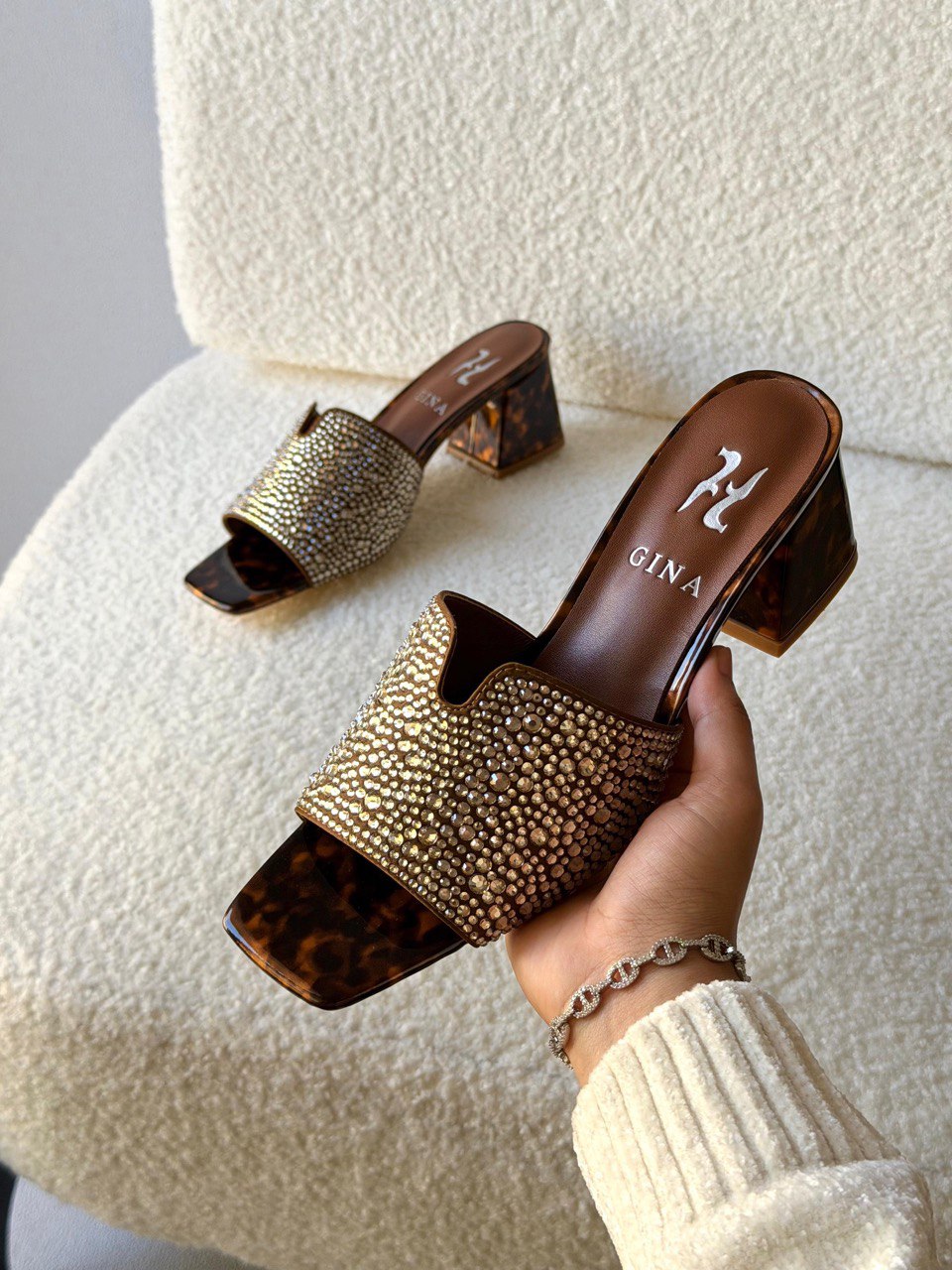 GINA Crystal Embellished Mid Heel Luxury Slide Sandals