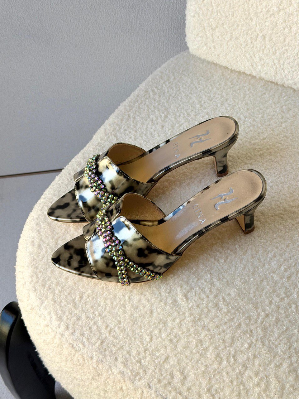 GINA Crystal Embellished Pointed Toe Mid-Heel Mule Sandals