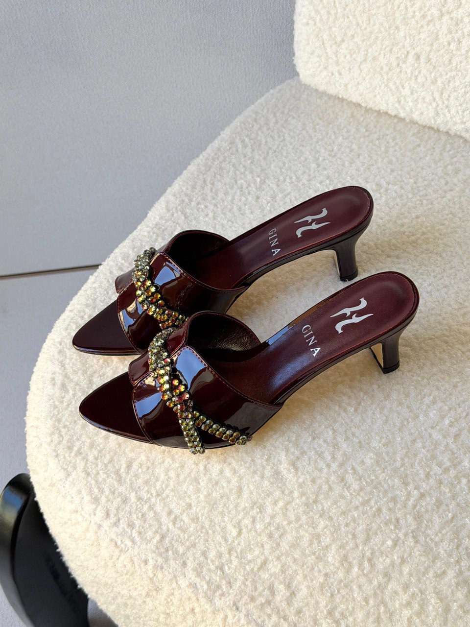 GINA Crystal Embellished Pointed Toe Mid-Heel Mule Sandals