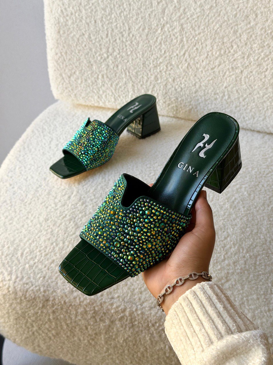 GINA Crystal Embellished Mid Heel Luxury Slide Sandals