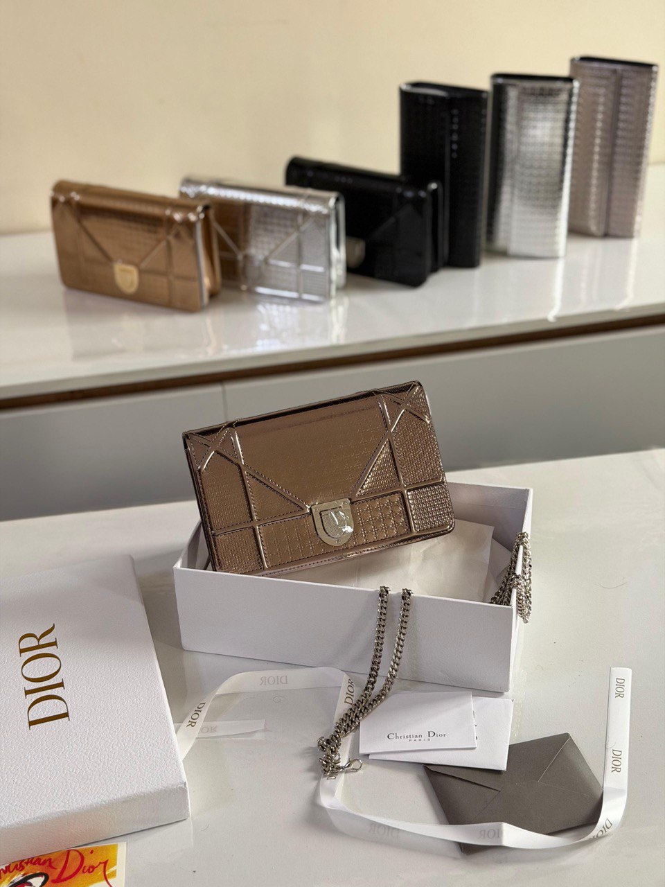 Dior Diorama Micro Cannage Metallic Calfskin Chain Wallet