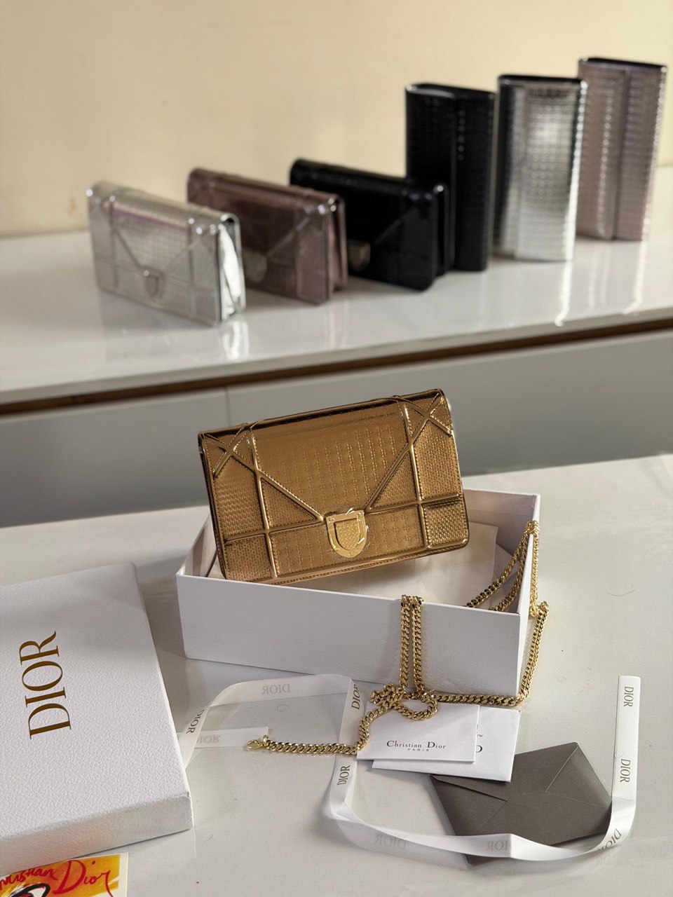 Dior Diorama Micro Cannage Metallic Calfskin Chain Wallet