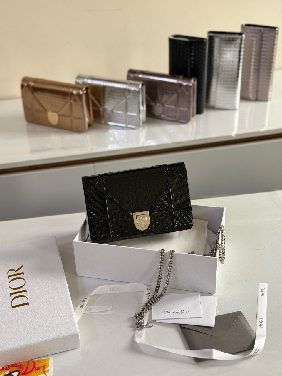 Dior Diorama Micro Cannage Metallic Calfskin Chain Wallet