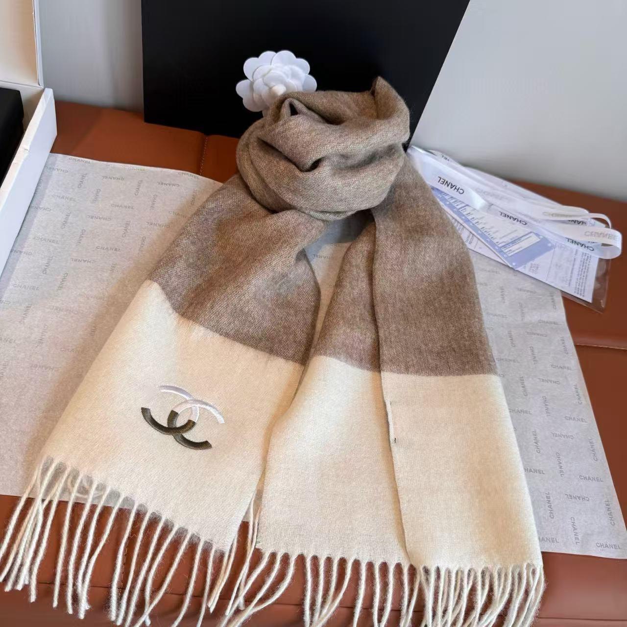 Chanel CC Cashmere Wool Scarf – Iconic Two Tone Fringe Shawl