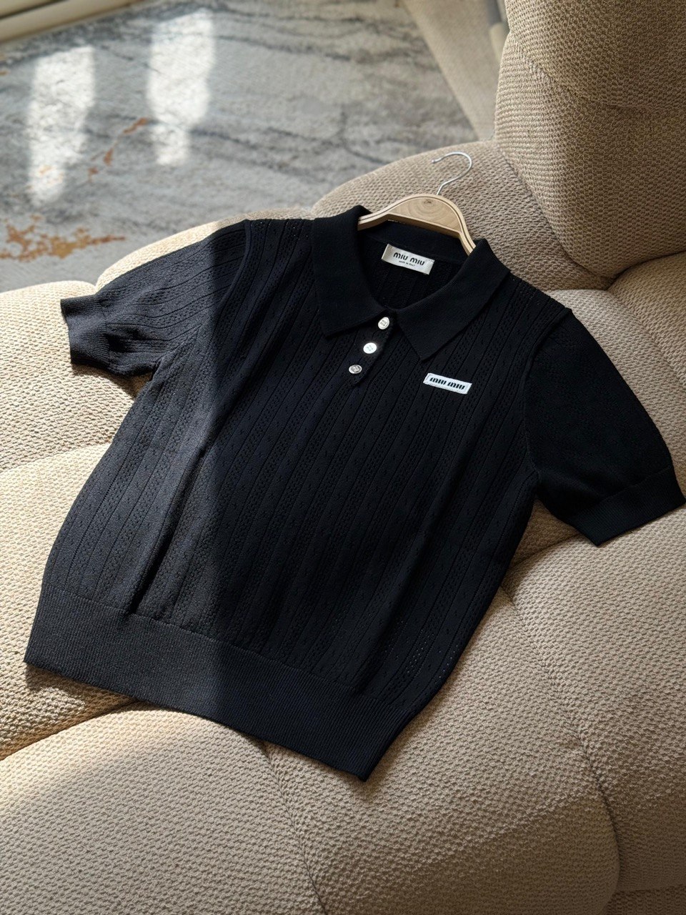 Miu Miu Textured Knit Cropped Polo Top