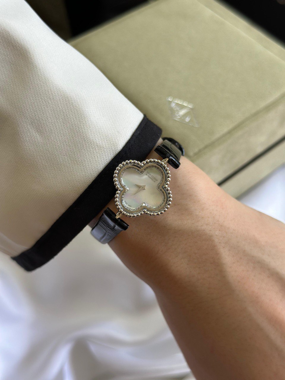 Van Cleef & Arpels Alhambra Mother of Pearl Watch with Leather Strap