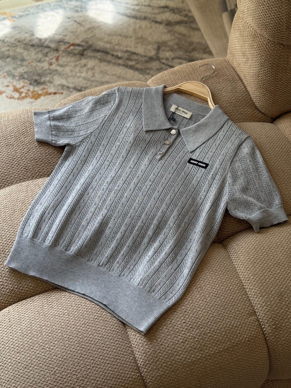 Miu Miu Textured Knit Cropped Polo Top