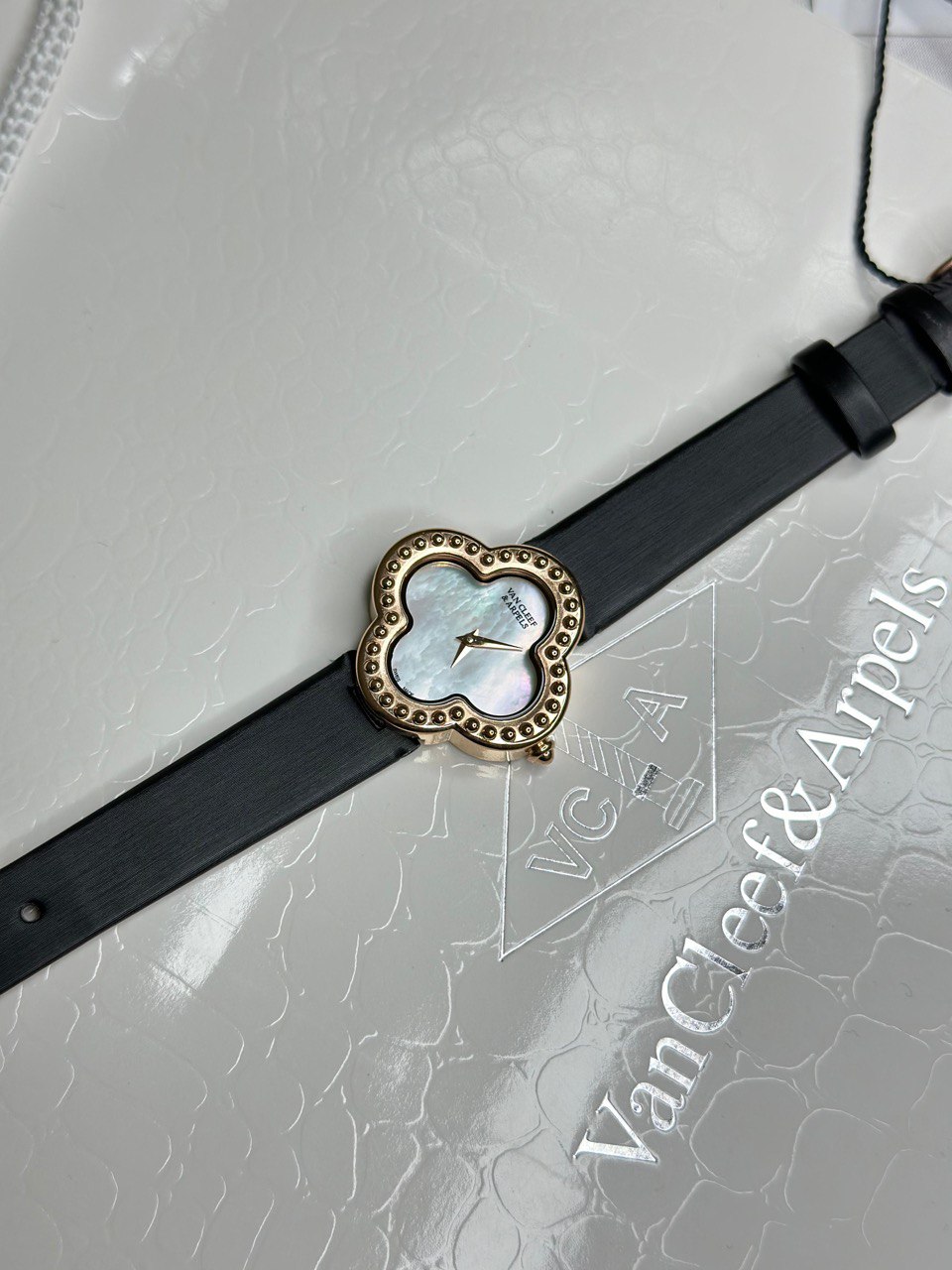 Van Cleef & Arpels Alhambra Mother of Pearl Watch with Leather Strap