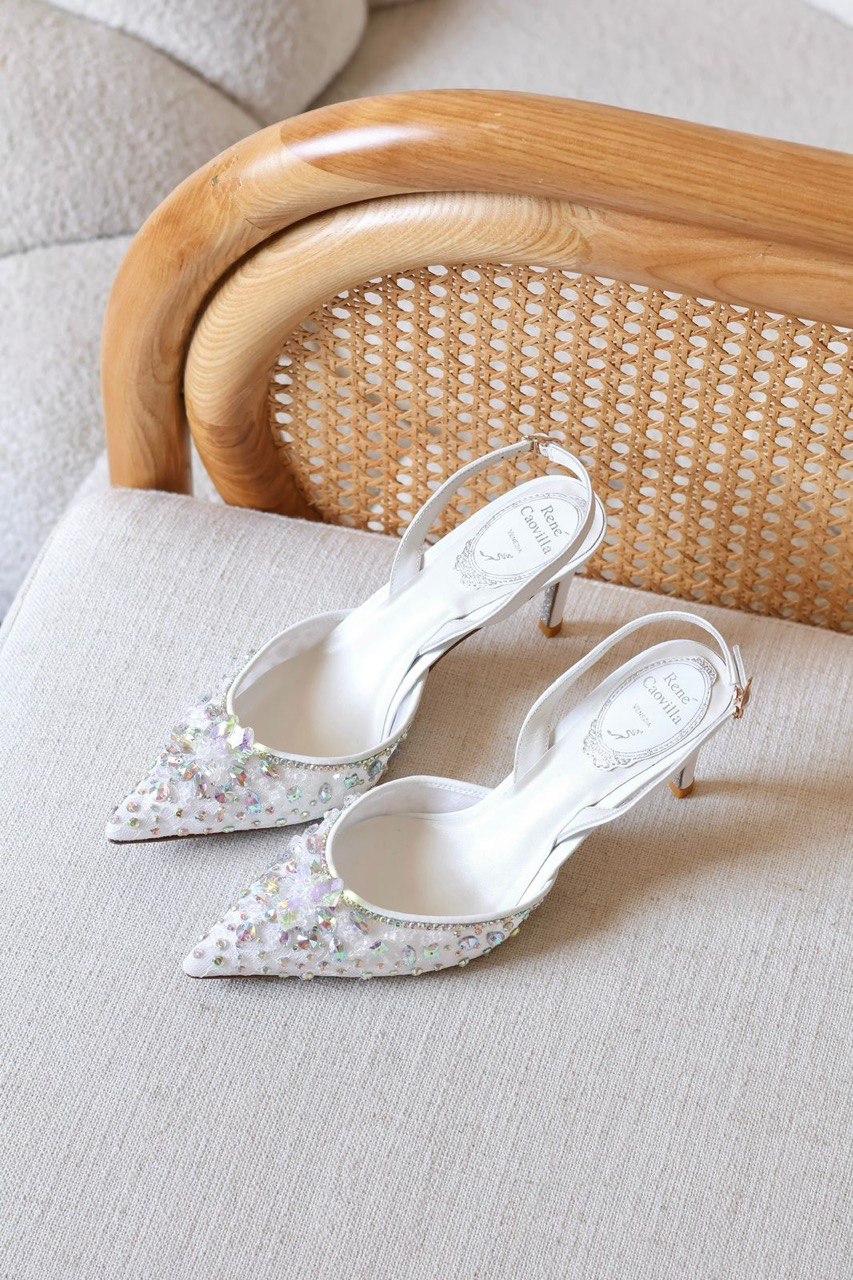 René Caovilla Kara Crystal Embellished Lace Slingback Pumps