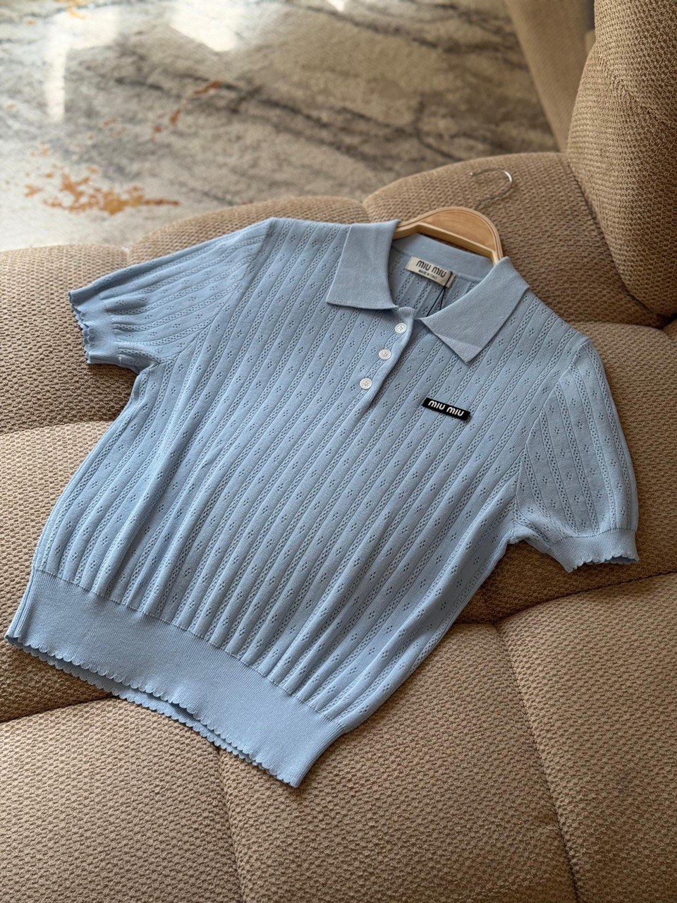 Miu Miu Textured Knit Cropped Polo Top