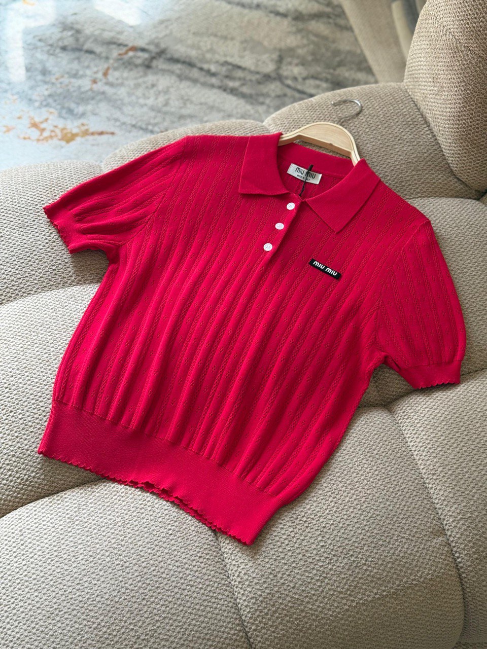 Miu Miu Textured Knit Cropped Polo Top