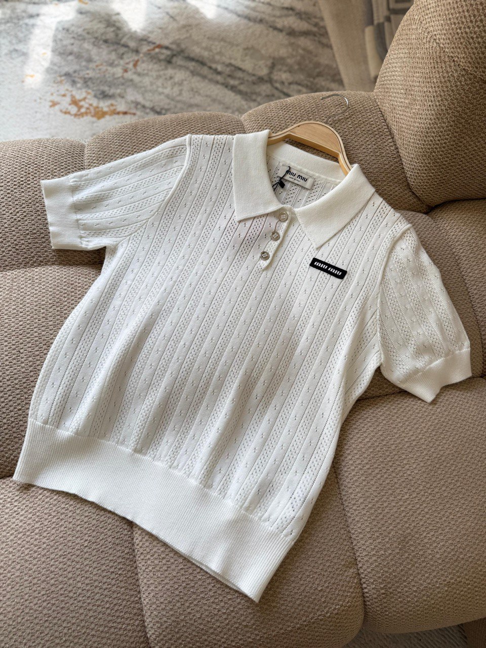 Miu Miu Textured Knit Cropped Polo Top