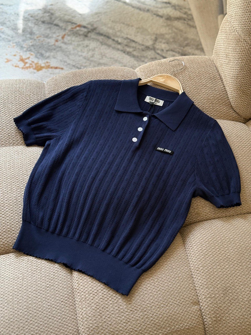 Miu Miu Textured Knit Cropped Polo Top