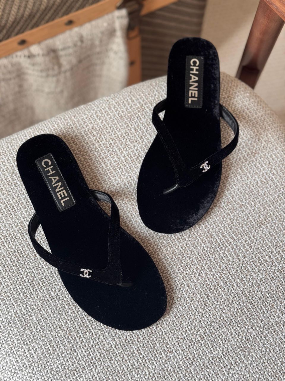 Chanel Velvet & Leather Thong Sandals