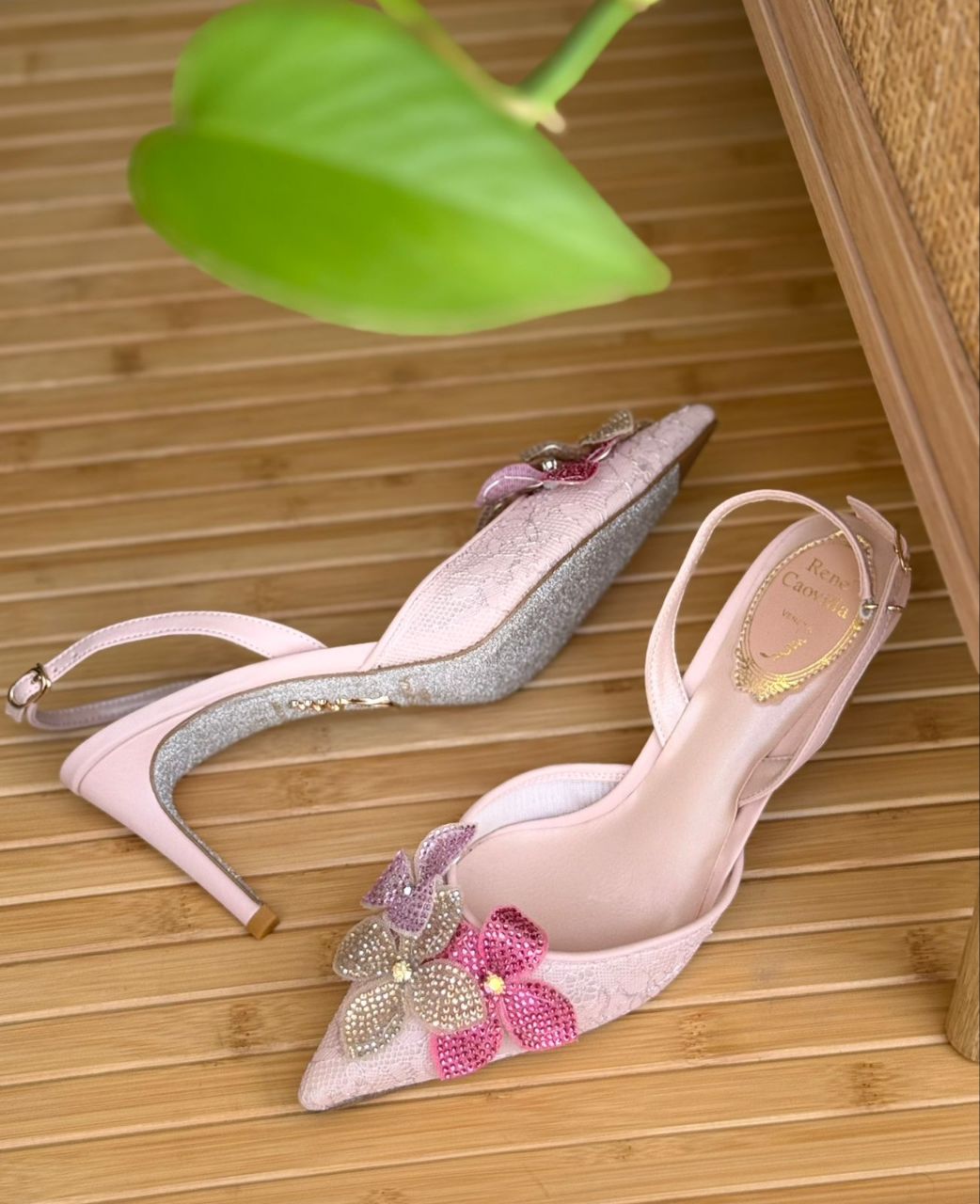 René Caovilla Floriane Crystal Flower Slingback Heels