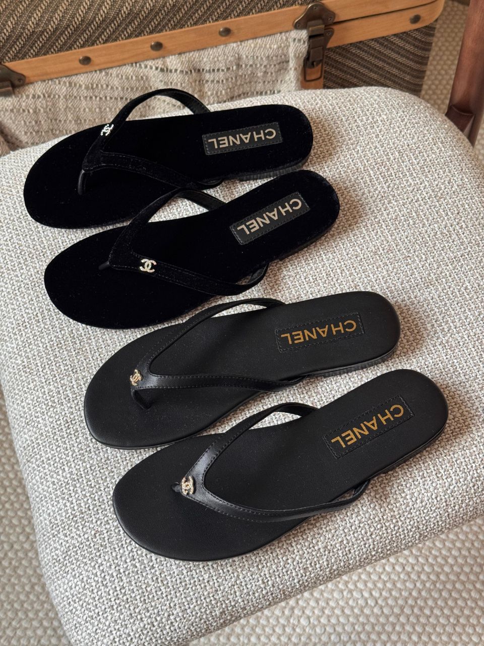 Chanel Velvet & Leather Thong Sandals